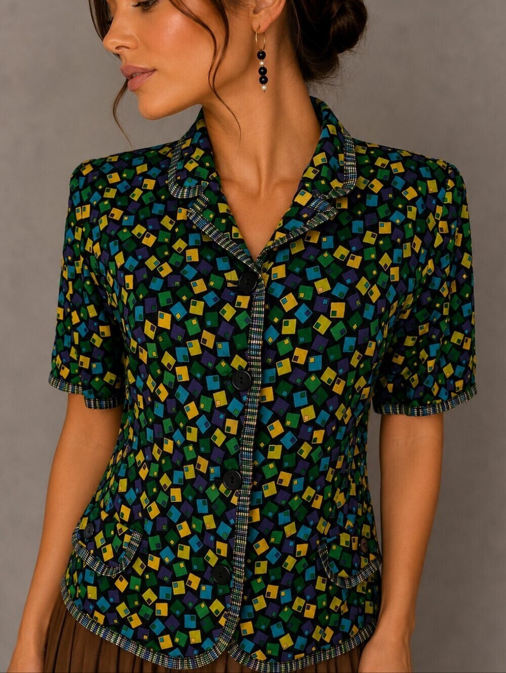 Vtg LIOLA 1980s Green and Yellow Square Geometric Print Button-Up Top